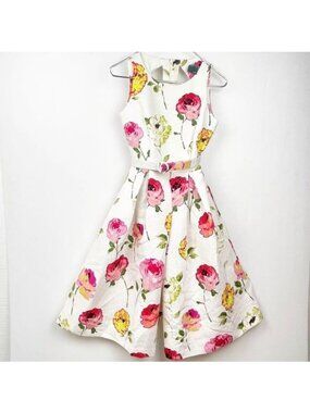 Gaby Skye white and pink floral damask like fabric pleated dress 4